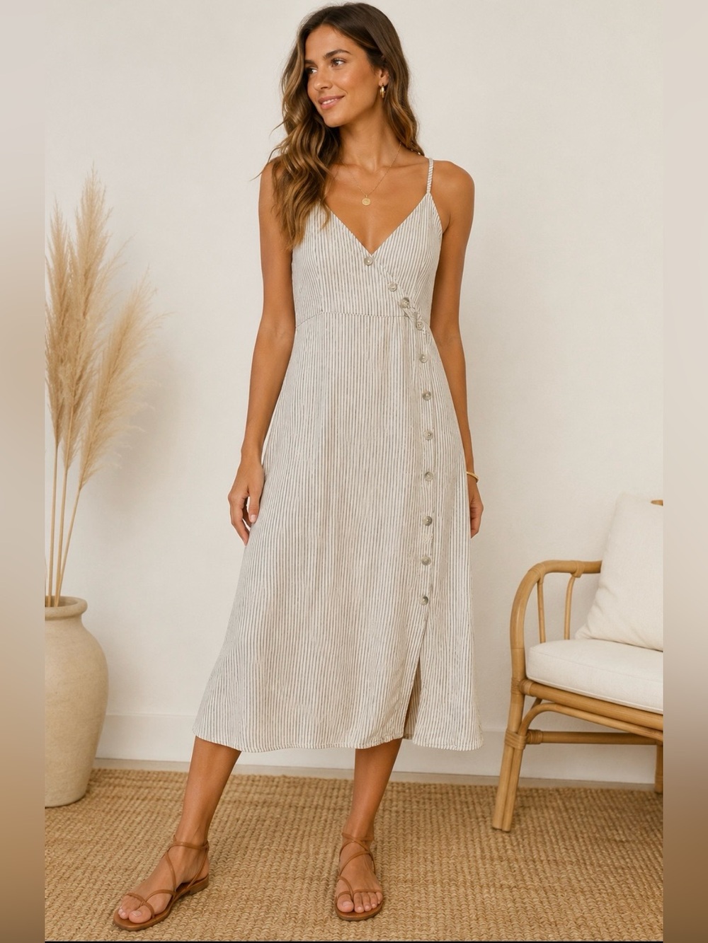 Francesca Bettini Italy 100% Linen Striped Wrap Midi Dress Size M